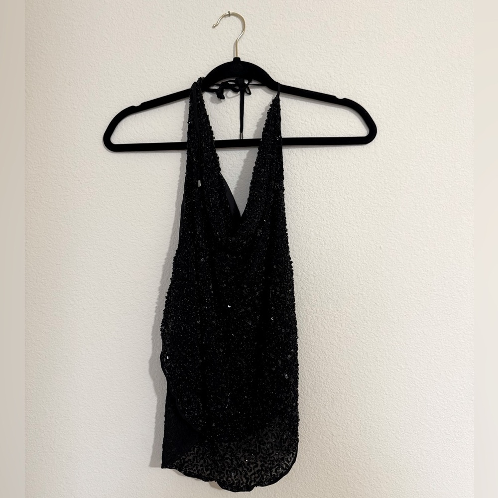 Black Sequin Haute Hippie Backless Handkerchief Halter - XS